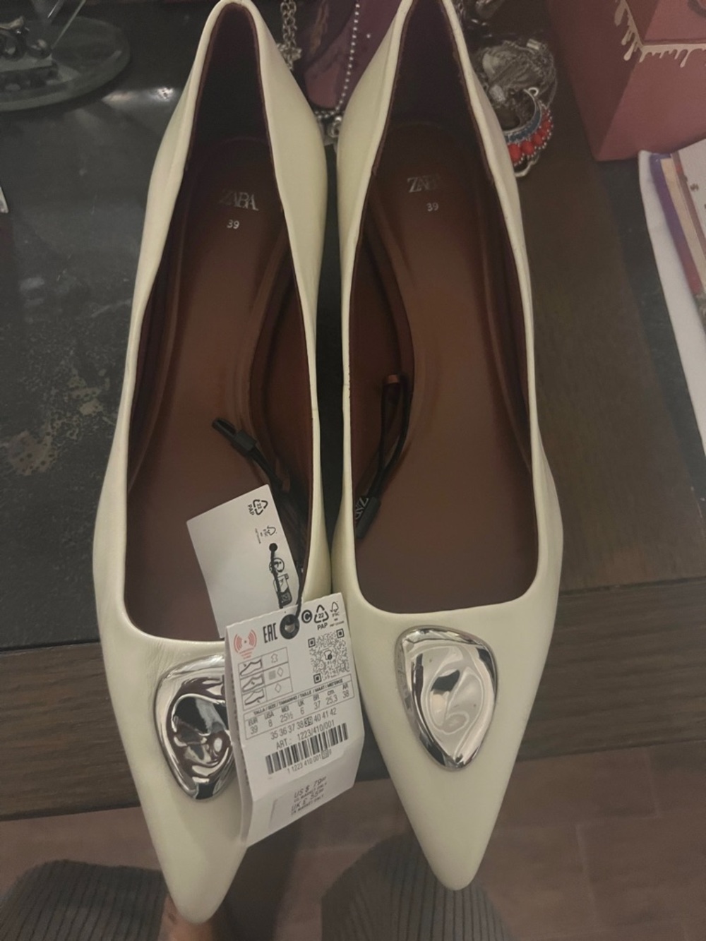 Zara Cream Pointed Toe Flats with Silver Teardrop Accent